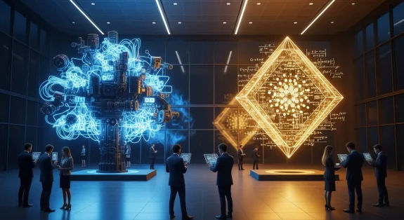 analysts-comparing-a-blue-industrial-ethereum-sculpture-against-a-golden-geometric-cardano-structure